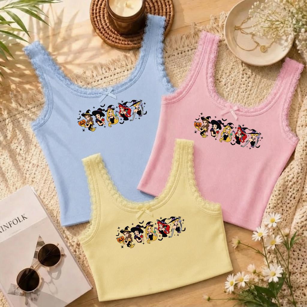 Embroidered Disney Princess Halloween Lace Trim Tank Top with Spooky Witches – WDW Disneyland Girls Trip Baby Tee Crop Tank - photo 6