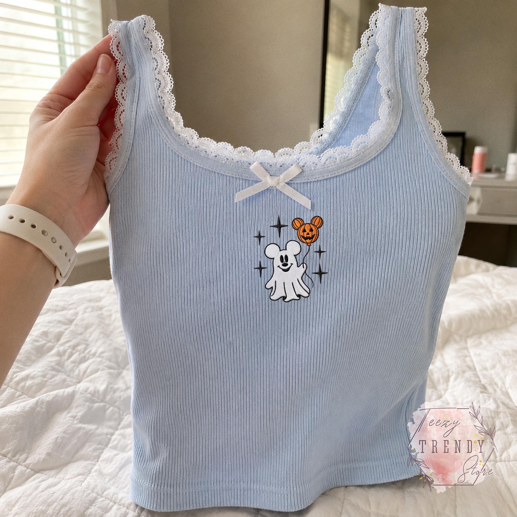 Embroidered Mickey Ghost Lace Tank Top and Minnie Pumpkin Pullover – Spooky Season Disneyland Halloween Baby Tee Boo Crew Outfit Gift - photo 14