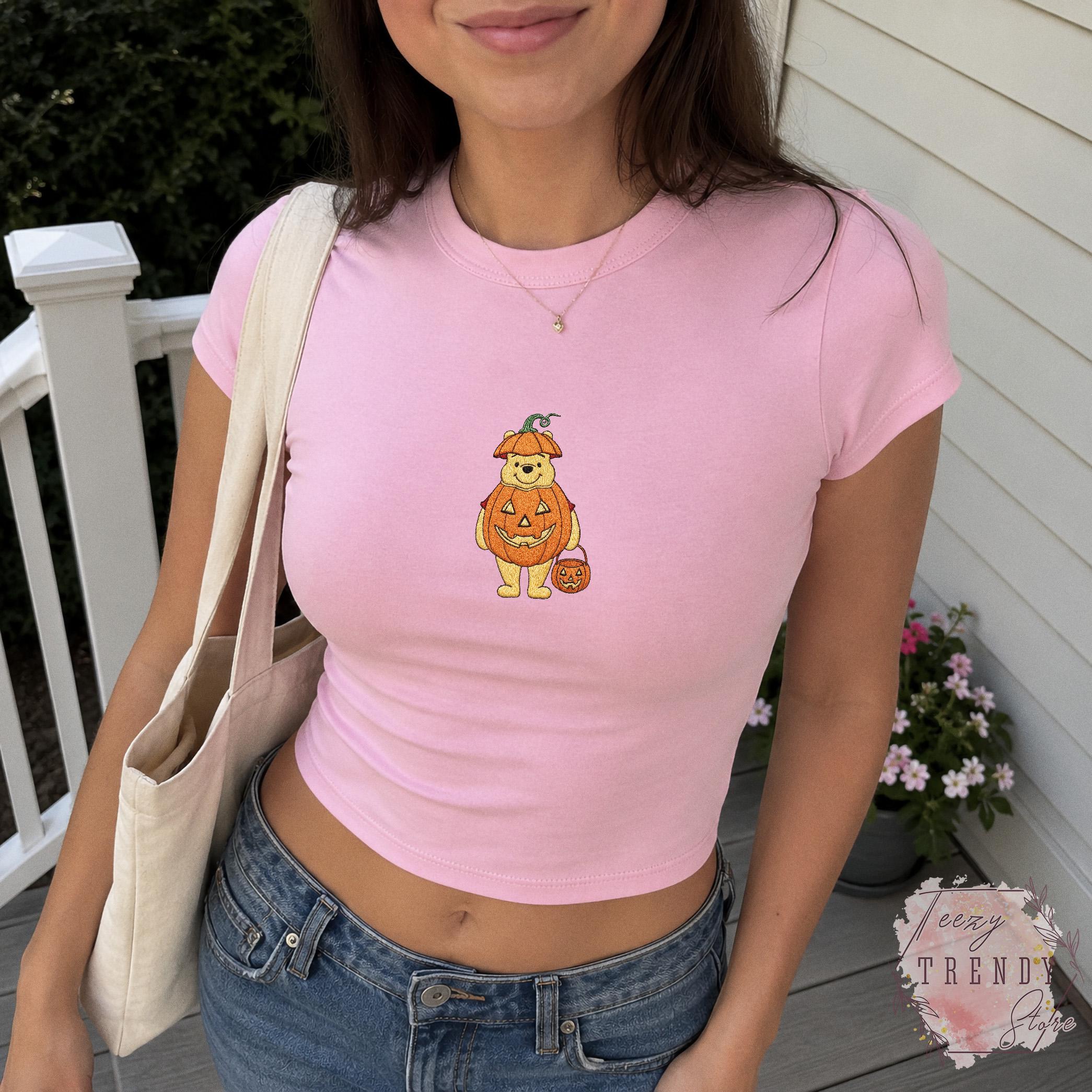 Embroidered Winnie the Pooh Bear Halloween Baby Tee and Pumpkin Shirt – Disney Spooky Season Top for a WDW Fall Trip Outfit