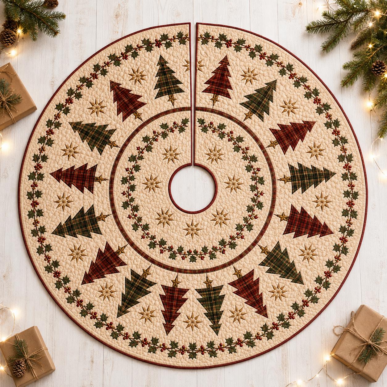 Quilt Style Traditional Farmhouse Red and Green Christmas Tree Skirt with Geometric Pattern, Holiday Tree Mat Floor Decor - photo 2
