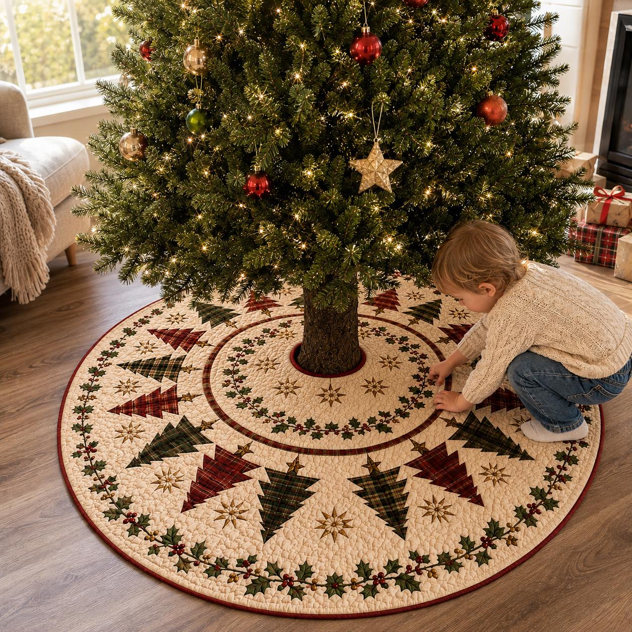 Quilt Style Traditional Farmhouse Red and Green Christmas Tree Skirt with Geometric Pattern, Holiday Tree Mat Floor Decor - photo 4