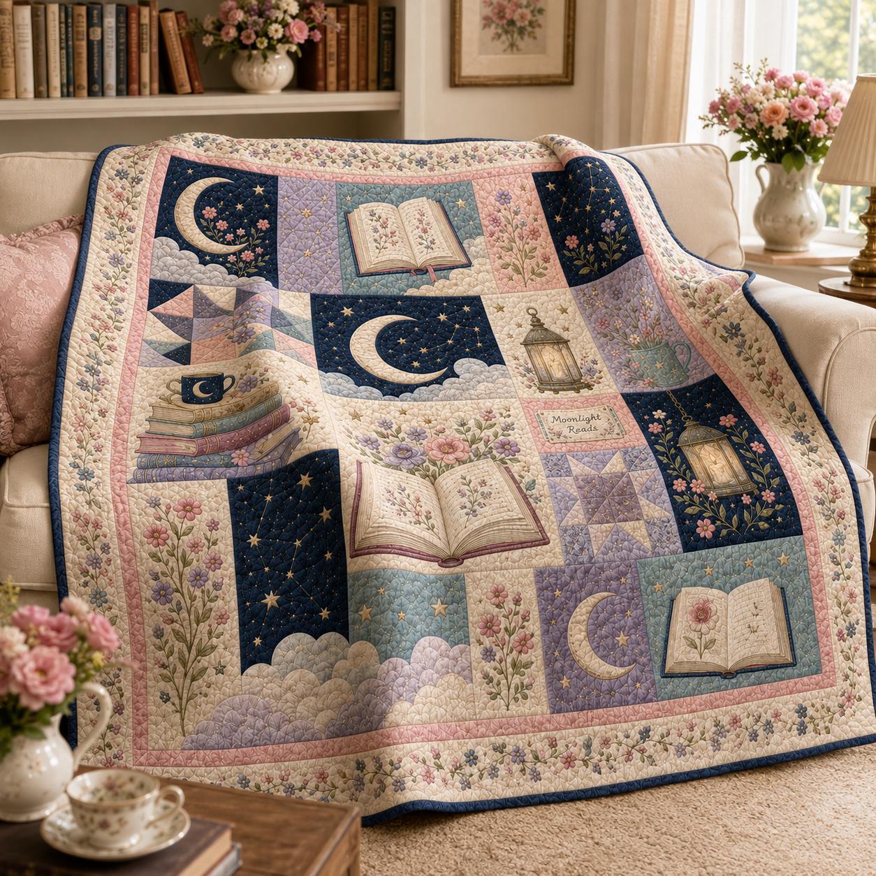 Celestial Book Lover Blanket With Moon Star Floral Throw For Pastel Reading Nook Bedroom Decor And Cozy Gift For Book Lovers In Quilted Style