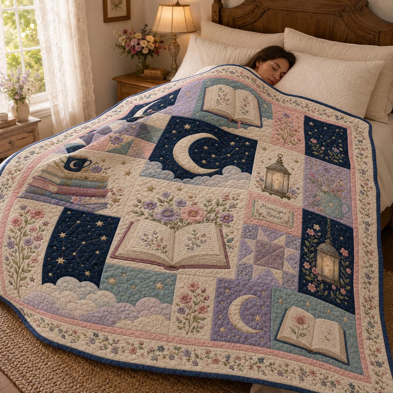 Celestial Book Lover Blanket With Moon Star Floral Throw For Pastel Reading Nook Bedroom Decor And Cozy Gift For Book Lovers In Quilted Style - photo 6