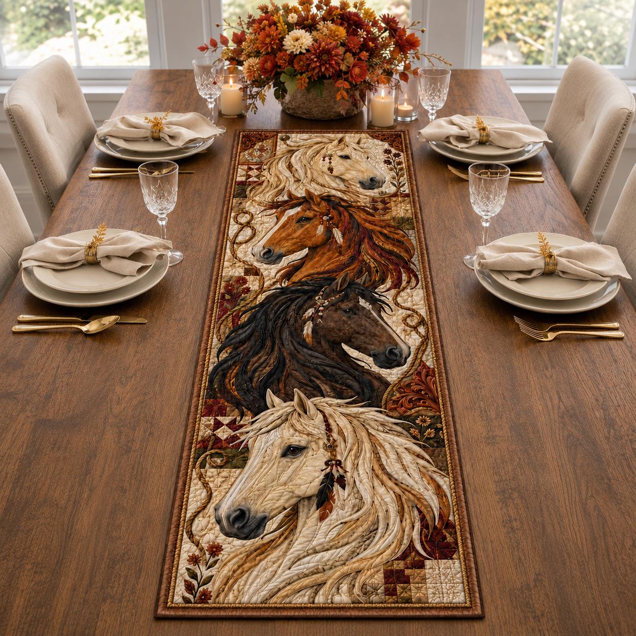 Quilt Style Rustic Farmhouse Native Inspired Western Horse Table Runner, Equestrian Art Dining Home Decor for Horse Lover