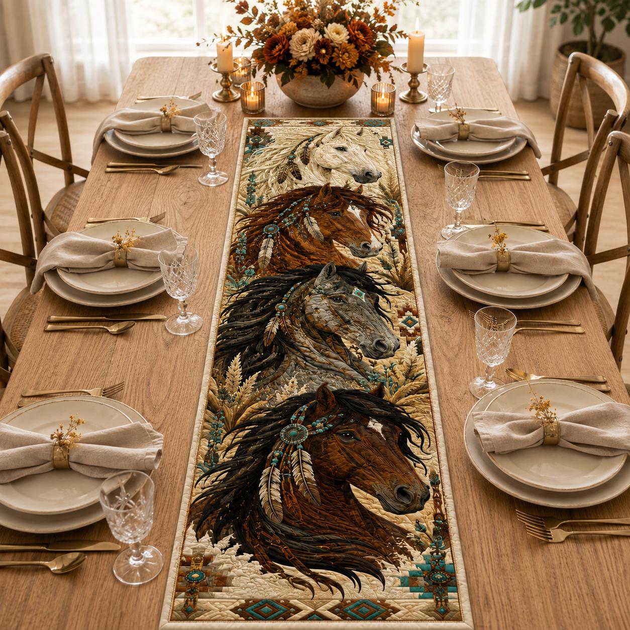 Quilt Style Rustic Farmhouse Native Inspired Western Horse Table Runner, Equestrian Art Dining Home Decor for Horse Lover - photo 2