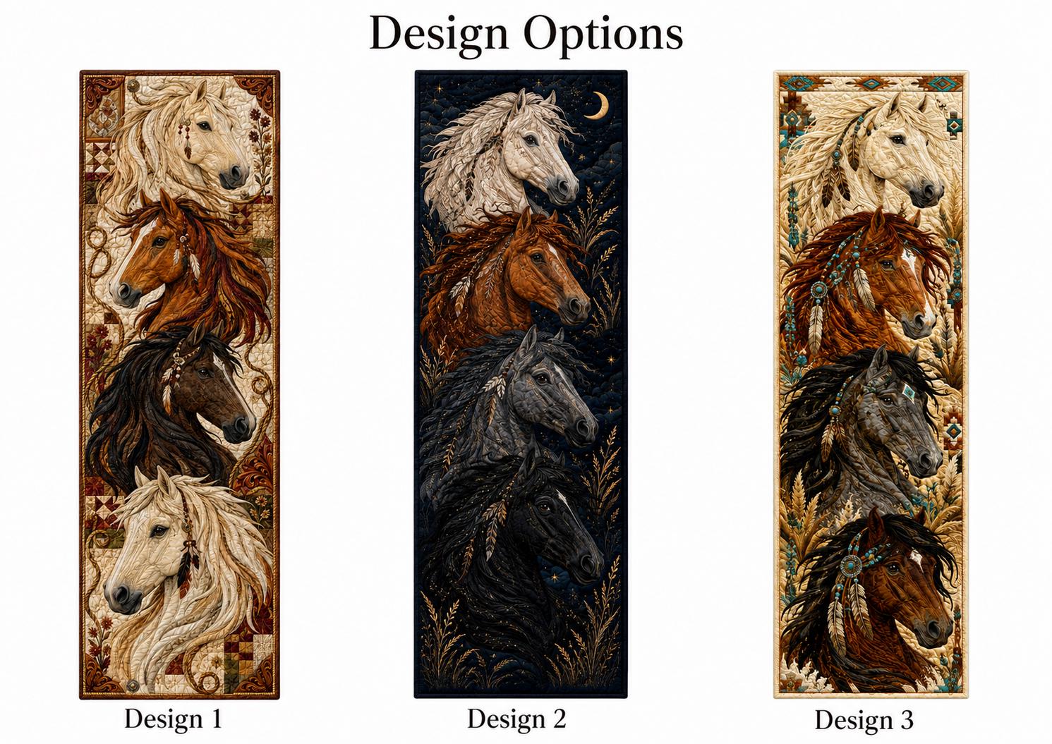 Quilt Style Rustic Farmhouse Native Inspired Western Horse Table Runner, Equestrian Art Dining Home Decor for Horse Lover - photo 3