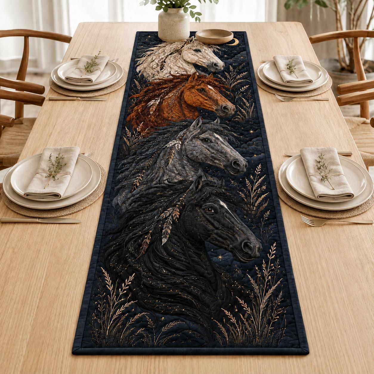 Quilt Style Rustic Farmhouse Native Inspired Western Horse Table Runner, Equestrian Art Dining Home Decor for Horse Lover - photo 5