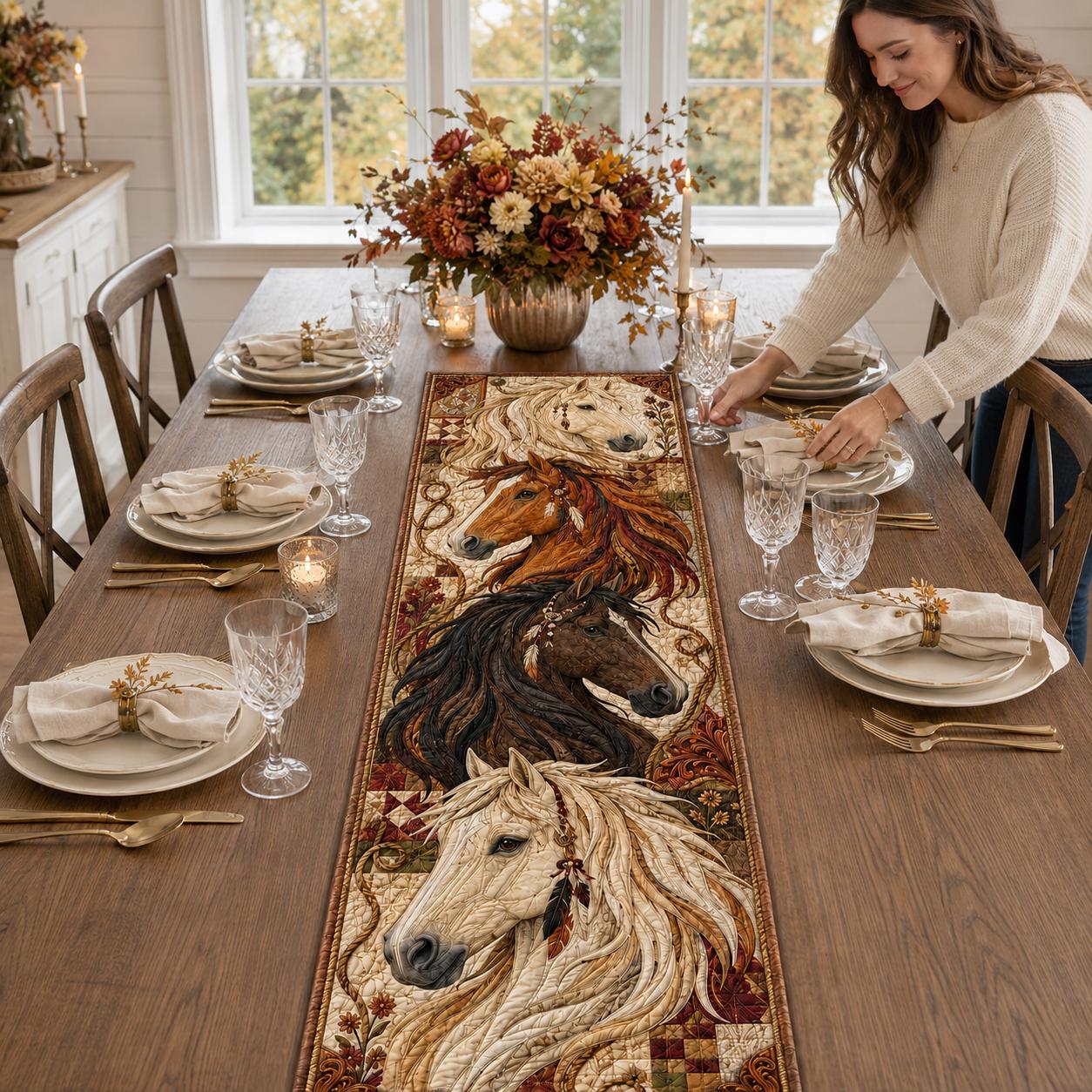 Quilt Style Rustic Farmhouse Native Inspired Western Horse Table Runner, Equestrian Art Dining Home Decor for Horse Lover - photo 6