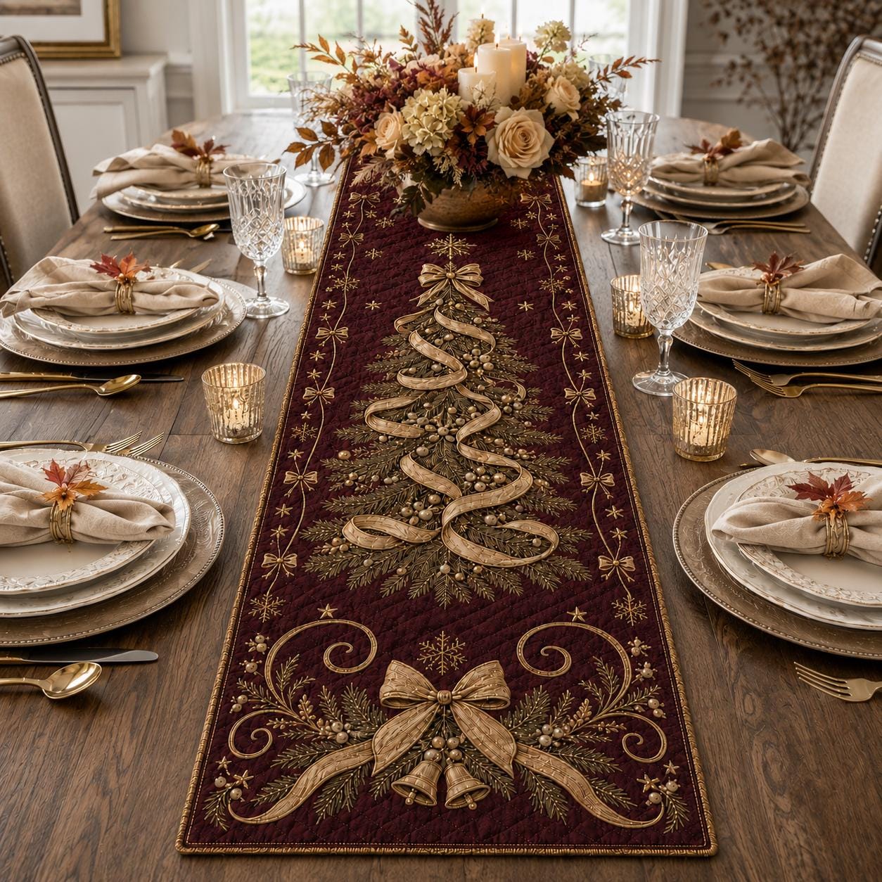 Christmas Tree Table Runner with Quilted Style Elegant Holiday Decor and Winter Dining for Hostess Gift