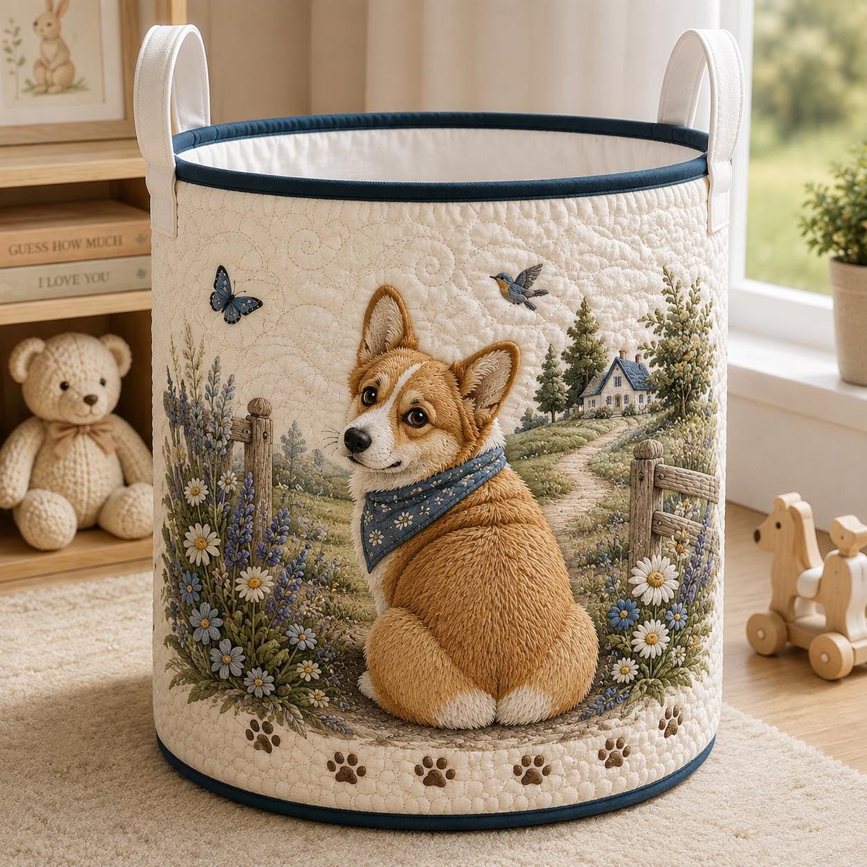 Corgi Laundry Basket with Cute Dog Wildflower Storage Hamper and Quilt Style Laundry Bin, Cottagecore Pet Lover Home Decor, Dog Mom Gift