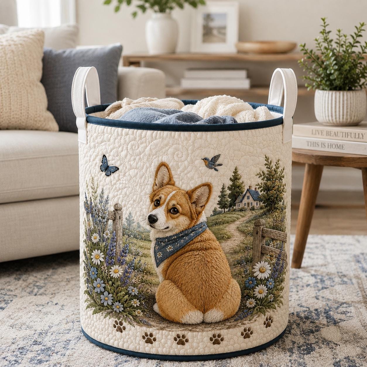 Corgi Laundry Basket with Cute Dog Wildflower Storage Hamper and Quilt Style Laundry Bin, Cottagecore Pet Lover Home Decor, Dog Mom Gift - photo 2