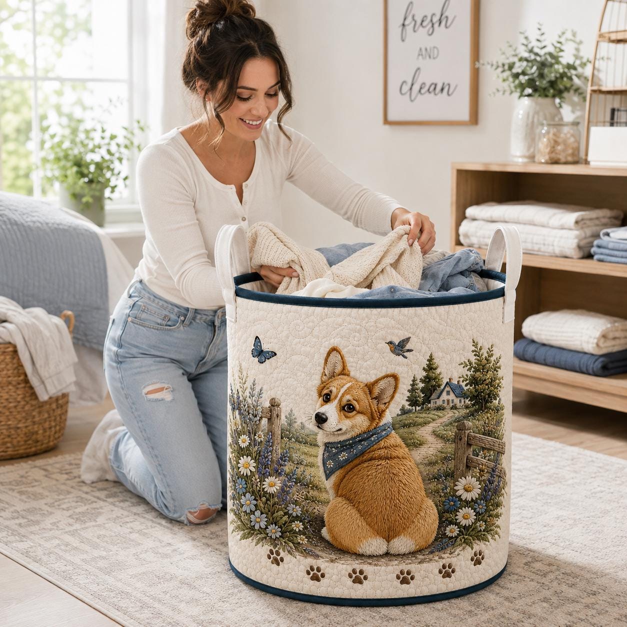 Corgi Laundry Basket with Cute Dog Wildflower Storage Hamper and Quilt Style Laundry Bin, Cottagecore Pet Lover Home Decor, Dog Mom Gift - photo 4
