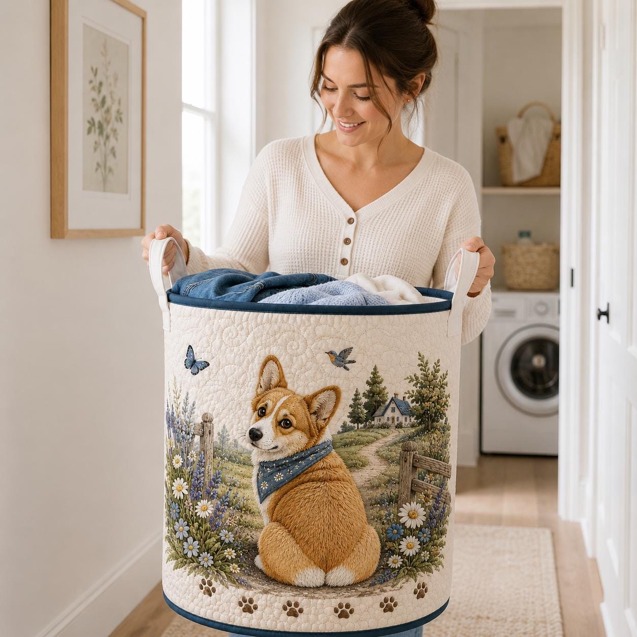 Corgi Laundry Basket with Cute Dog Wildflower Storage Hamper and Quilt Style Laundry Bin, Cottagecore Pet Lover Home Decor, Dog Mom Gift - photo 5
