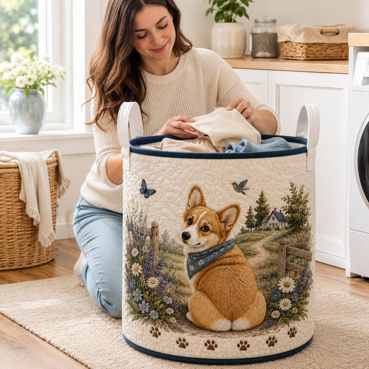 Corgi Laundry Basket with Cute Dog Wildflower Storage Hamper and Quilt Style Laundry Bin, Cottagecore Pet Lover Home Decor, Dog Mom Gift - photo 6