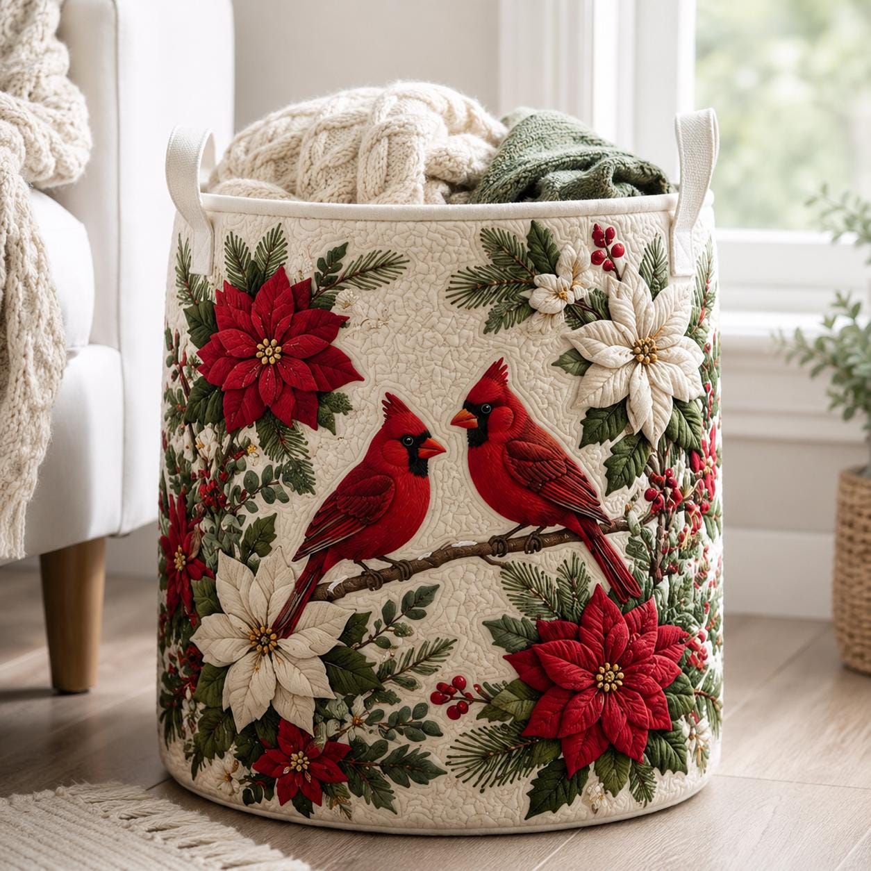 Cardinal Christmas Laundry Basket with Red Bird Poinsettia Storage Hamper and Quilt Style Holiday Laundry Bin, Winter Bedroom Home Decor