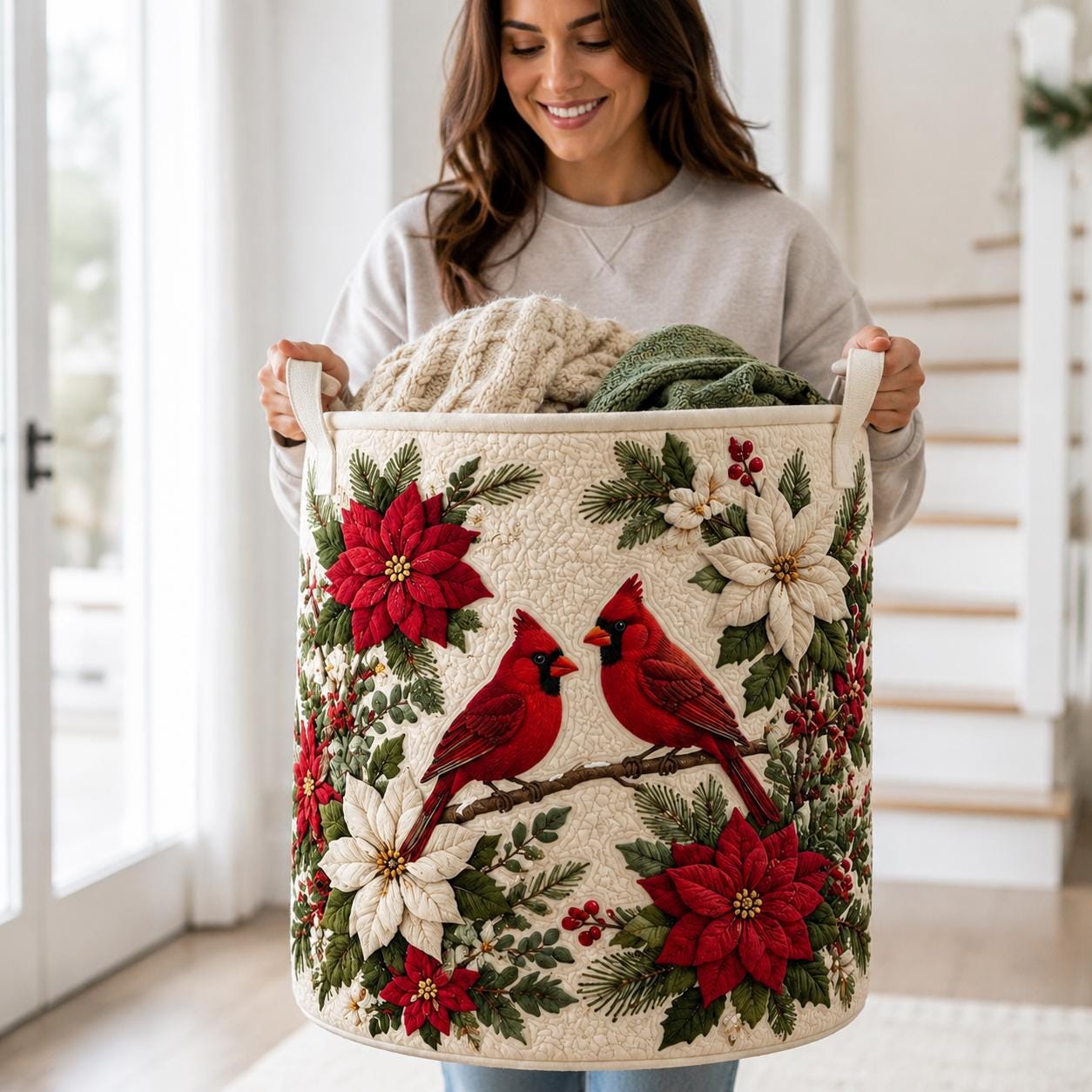 Cardinal Christmas Laundry Basket with Red Bird Poinsettia Storage Hamper and Quilt Style Holiday Laundry Bin, Winter Bedroom Home Decor - photo 2