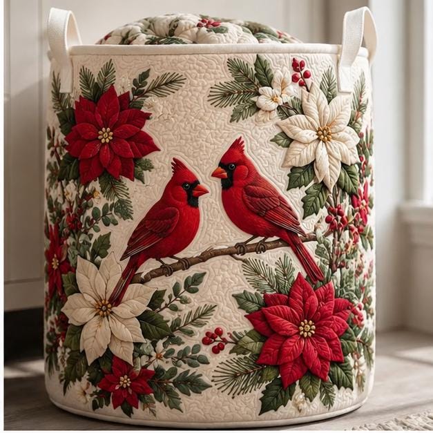 Cardinal Christmas Laundry Basket with Red Bird Poinsettia Storage Hamper and Quilt Style Holiday Laundry Bin, Winter Bedroom Home Decor - photo 5
