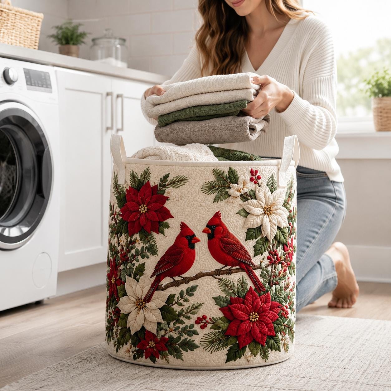 Cardinal Christmas Laundry Basket with Red Bird Poinsettia Storage Hamper and Quilt Style Holiday Laundry Bin, Winter Bedroom Home Decor - photo 6