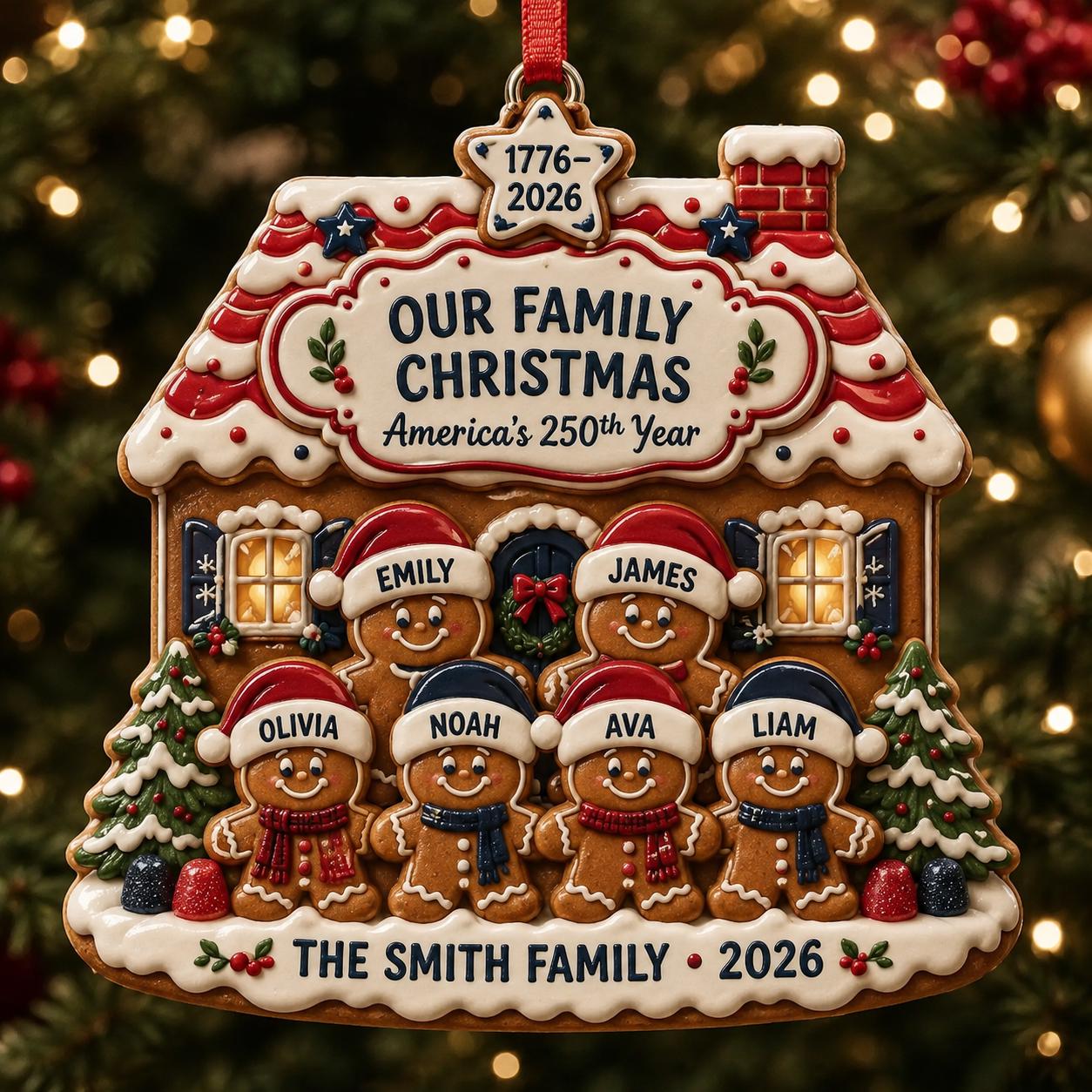 Personalized Gingerbread House Family Ornament for America 250th Christmas, Custom Family of 6 Keepsake and Patriotic Holiday Gift