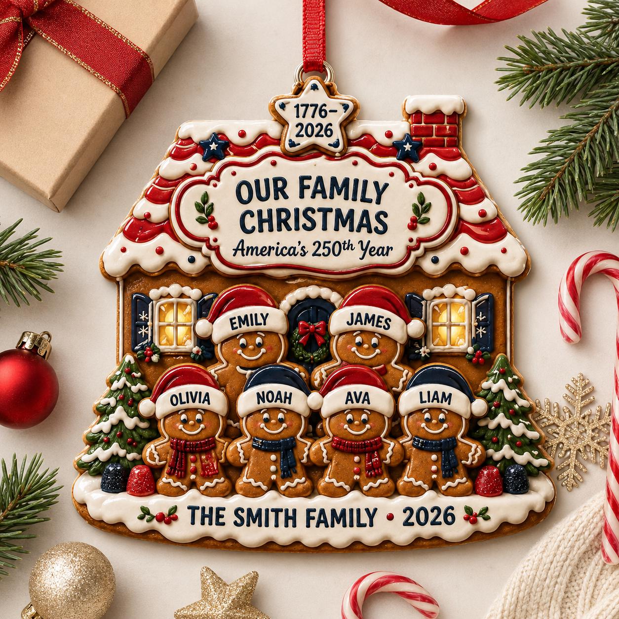 Personalized Gingerbread House Family Ornament for America 250th Christmas, Custom Family of 6 Keepsake and Patriotic Holiday Gift - photo 2