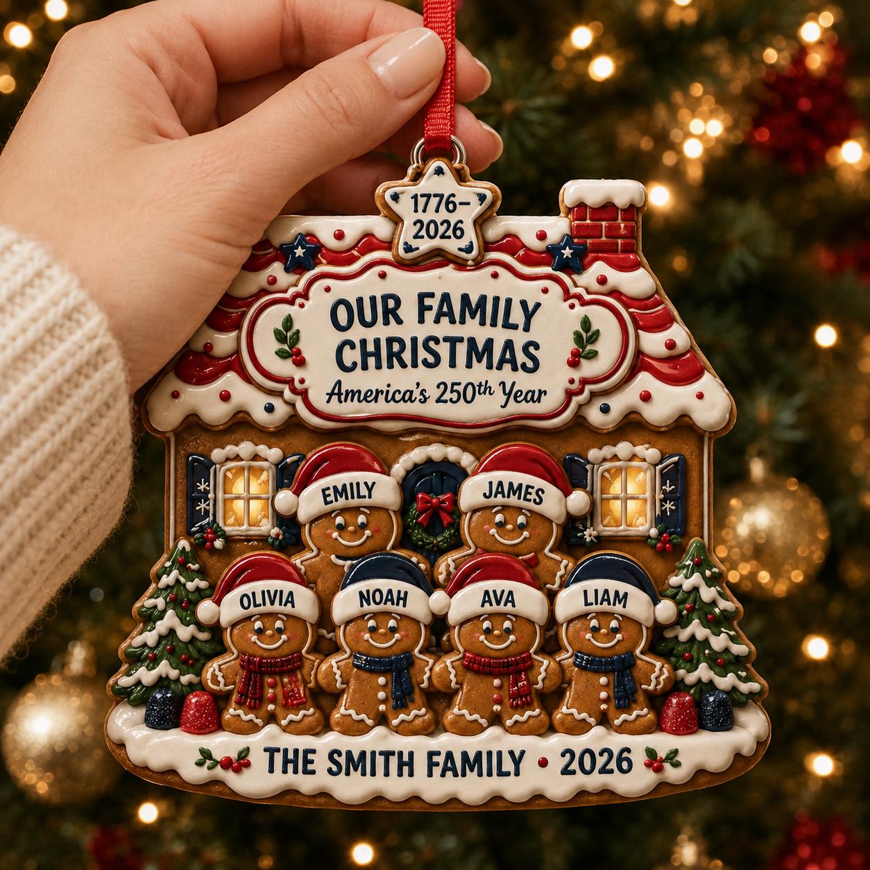 Personalized Gingerbread House Family Ornament for America 250th Christmas, Custom Family of 6 Keepsake and Patriotic Holiday Gift - photo 5