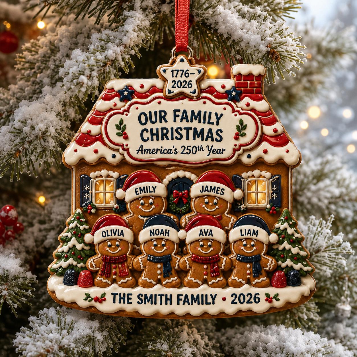 Personalized Gingerbread House Family Ornament for America 250th Christmas, Custom Family of 6 Keepsake and Patriotic Holiday Gift - photo 6