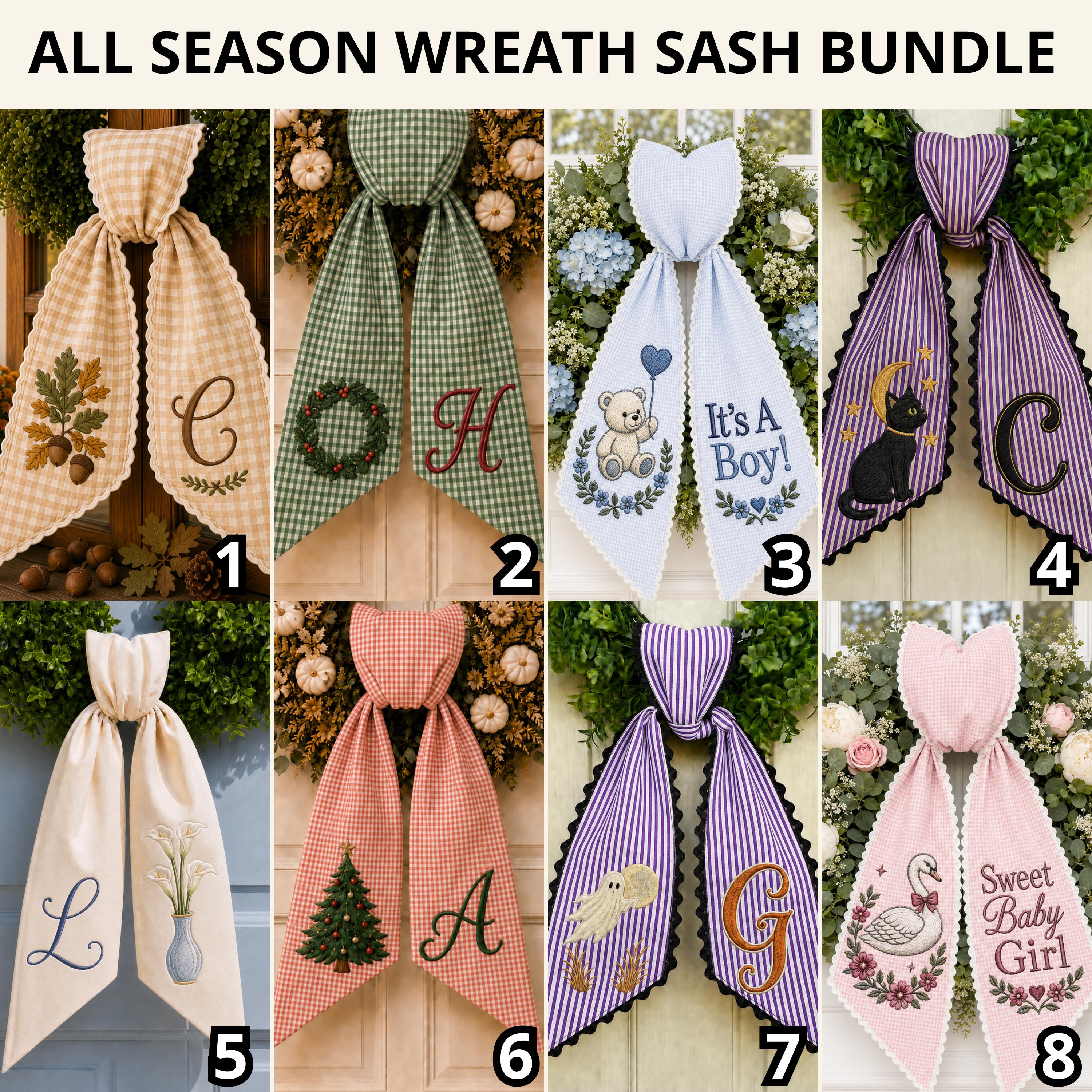 All Seasonal Door Wreath Sash with Monogram Embroidery Decor for Baby Shower, Fall, and Christmas Personalized Gift