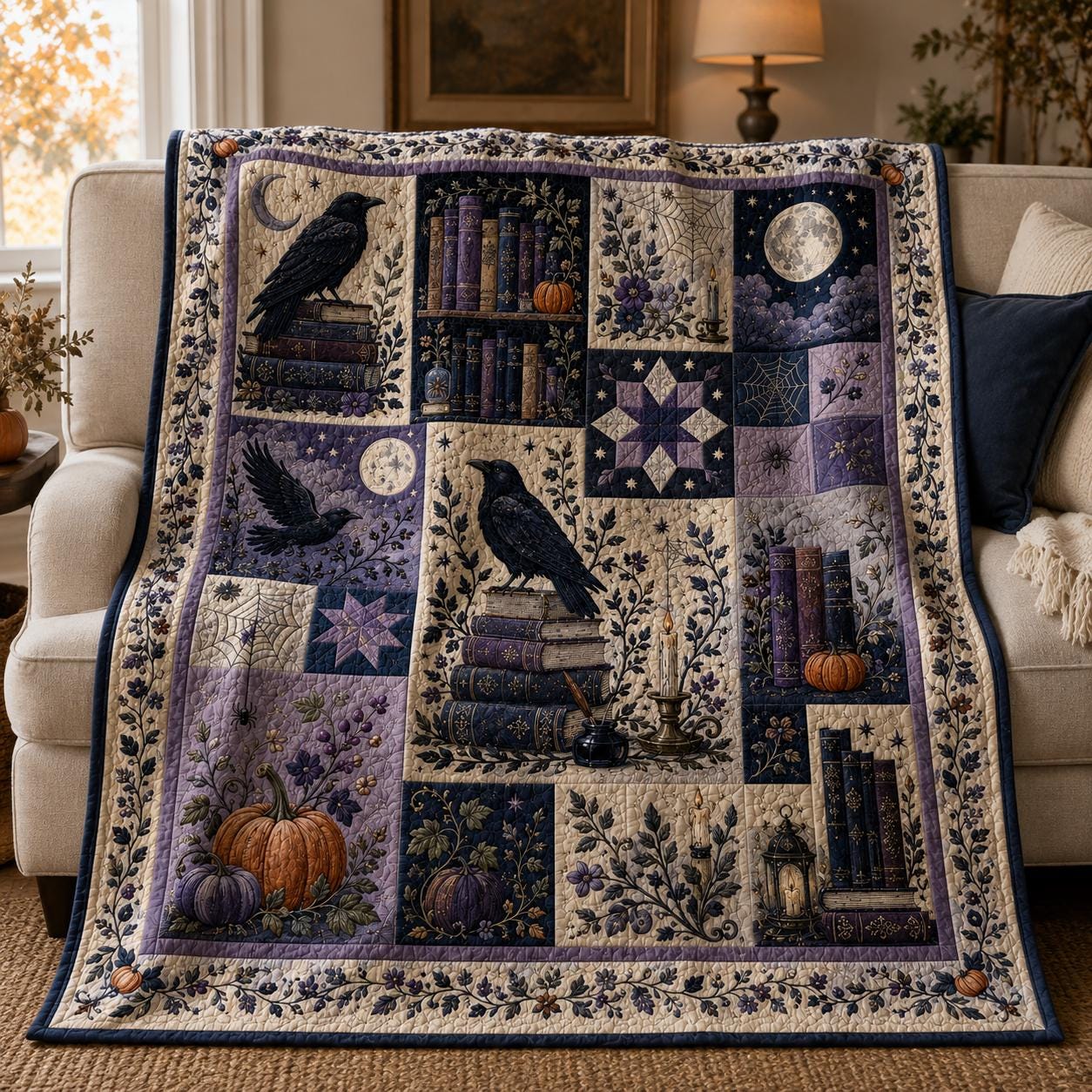 Throw Blanket – Quilted Style Raven Halloween Gothic Book Lover Throw with Moon Pumpkin Dark Academia Decor and Witchy Fall Bedroom Gift