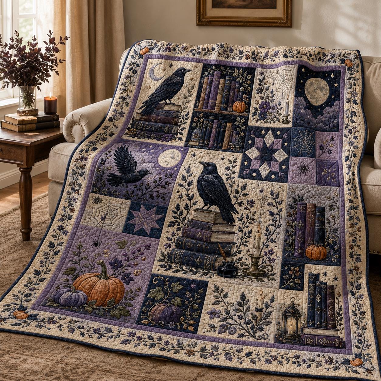 Throw Blanket – Quilted Style Raven Halloween Gothic Book Lover Throw with Moon Pumpkin Dark Academia Decor and Witchy Fall Bedroom Gift - photo 2