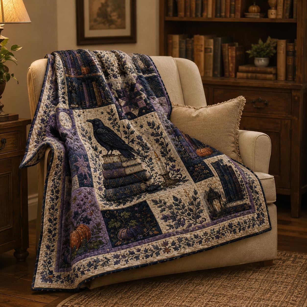 Throw Blanket – Quilted Style Raven Halloween Gothic Book Lover Throw with Moon Pumpkin Dark Academia Decor and Witchy Fall Bedroom Gift - photo 5
