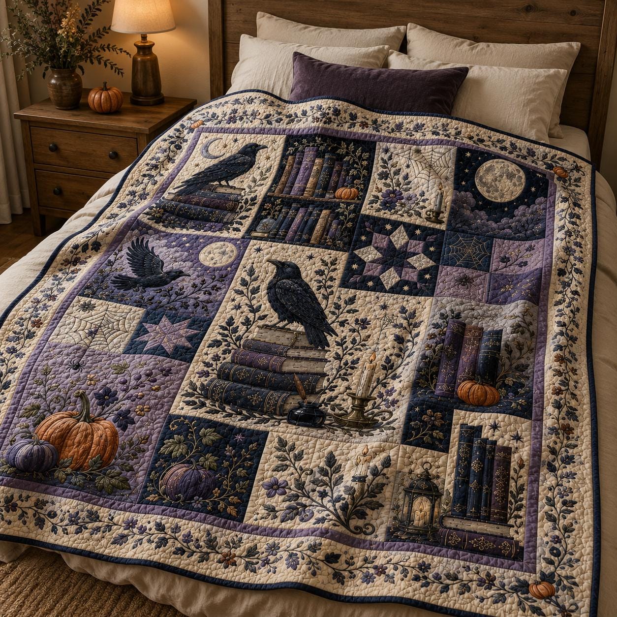 Throw Blanket – Quilted Style Raven Halloween Gothic Book Lover Throw with Moon Pumpkin Dark Academia Decor and Witchy Fall Bedroom Gift - photo 6