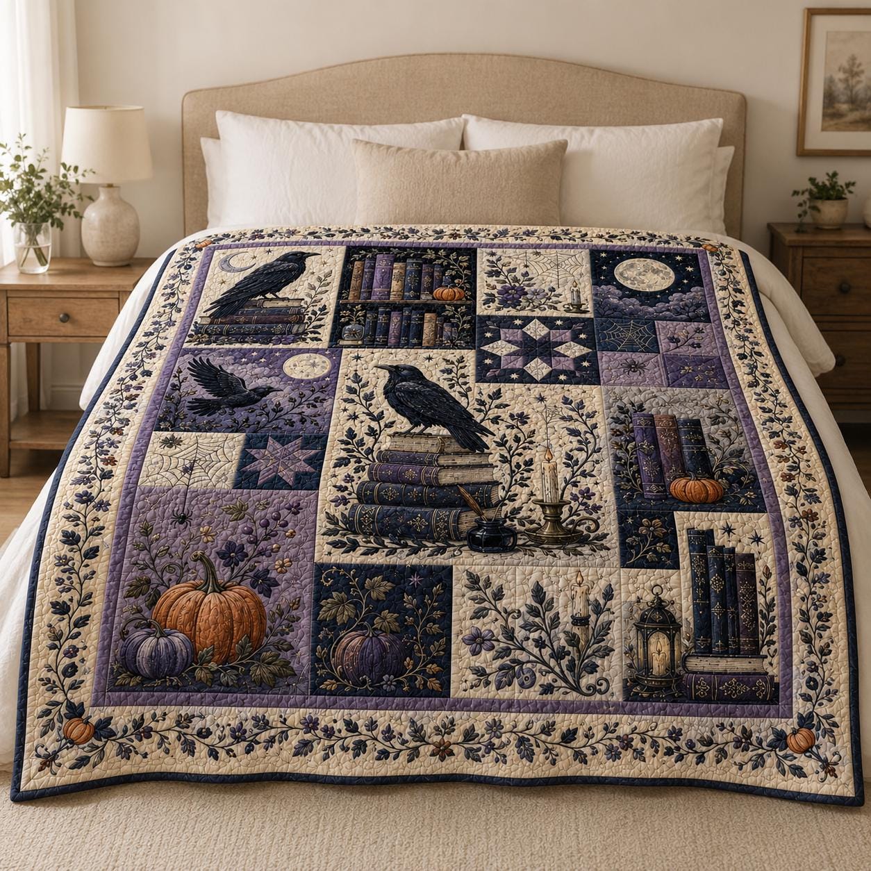 Throw Blanket – Quilted Style Raven Halloween Gothic Book Lover Throw with Moon Pumpkin Dark Academia Decor and Witchy Fall Bedroom Gift - photo 7