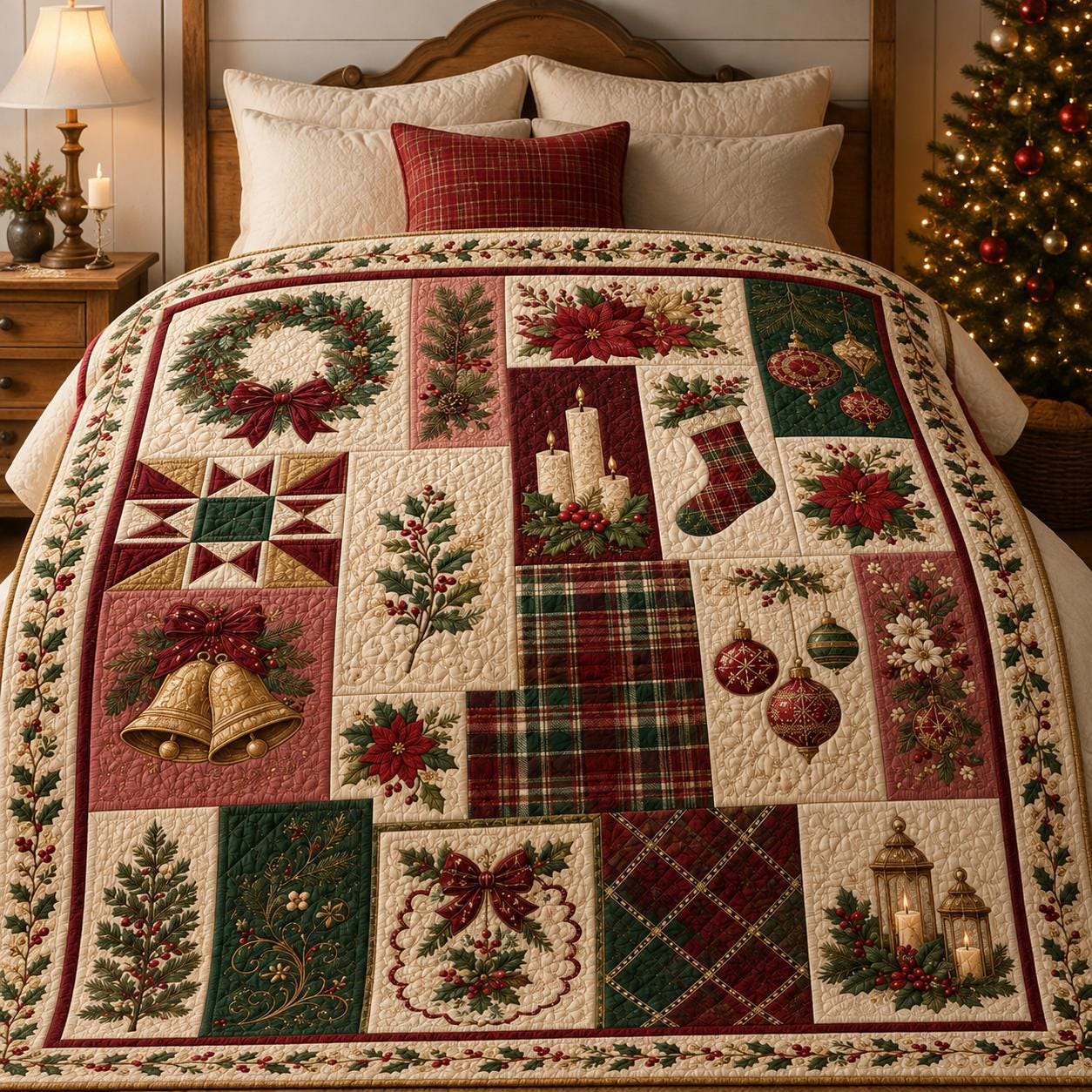 Throw Blanket – Quilted Style Christmas Wreath Poinsettia Holiday Throw with Plaid Bedroom Decor and Classic Holiday Gift