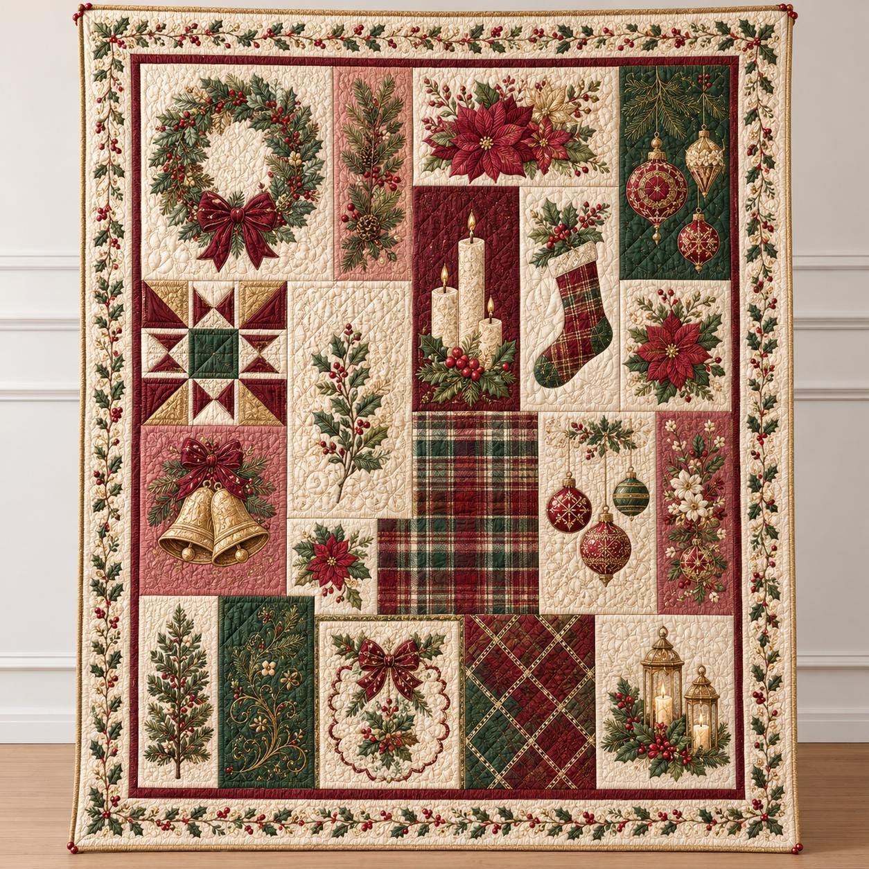Throw Blanket – Quilted Style Christmas Wreath Poinsettia Holiday Throw with Plaid Bedroom Decor and Classic Holiday Gift - photo 2