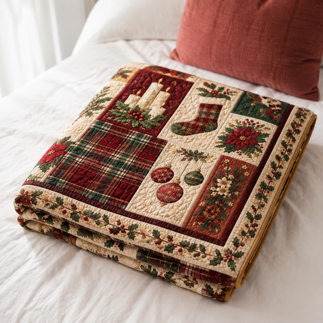 Throw Blanket – Quilted Style Christmas Wreath Poinsettia Holiday Throw with Plaid Bedroom Decor and Classic Holiday Gift - photo 5
