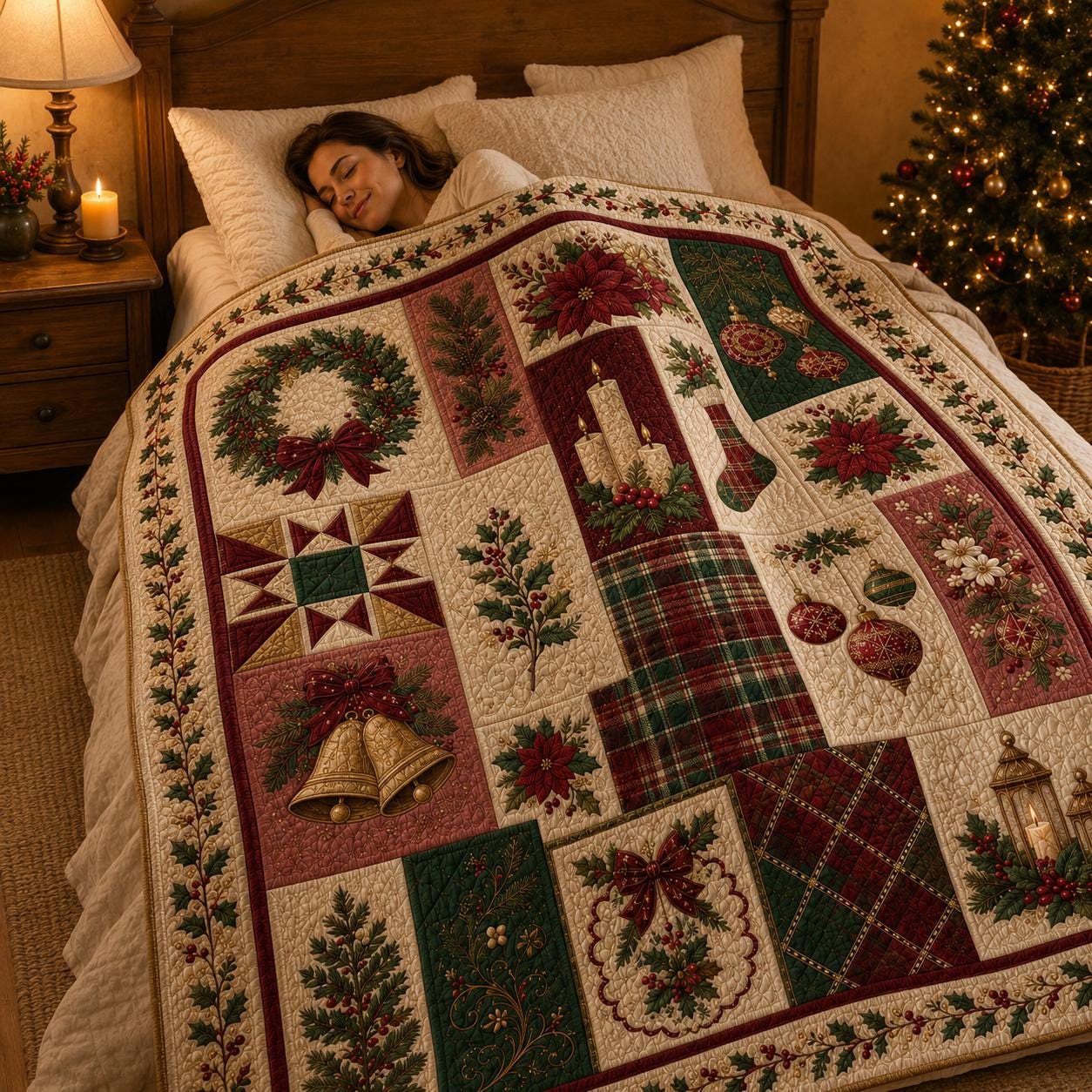 Throw Blanket – Quilted Style Christmas Wreath Poinsettia Holiday Throw with Plaid Bedroom Decor and Classic Holiday Gift - photo 6