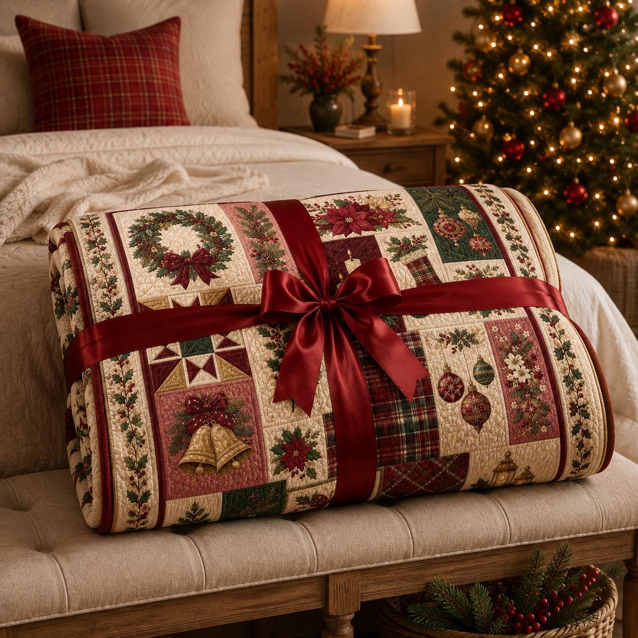 Throw Blanket – Quilted Style Christmas Wreath Poinsettia Holiday Throw with Plaid Bedroom Decor and Classic Holiday Gift - photo 7