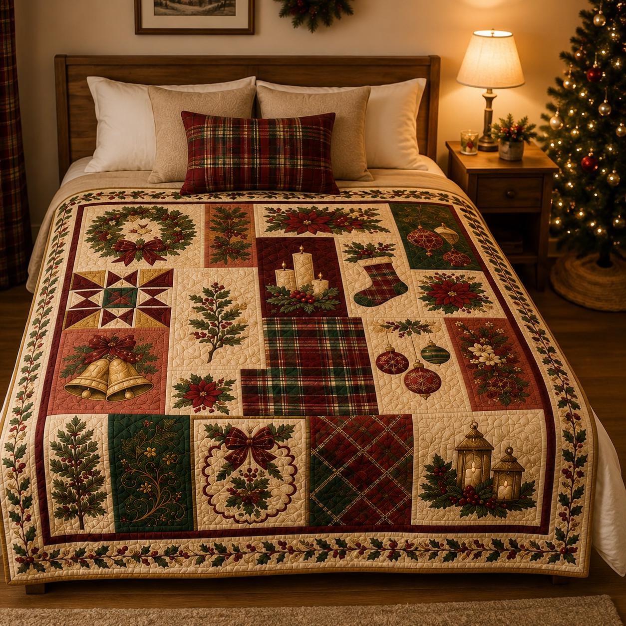 Throw Blanket – Quilted Style Christmas Wreath Poinsettia Holiday Throw with Plaid Bedroom Decor and Classic Holiday Gift - photo 8