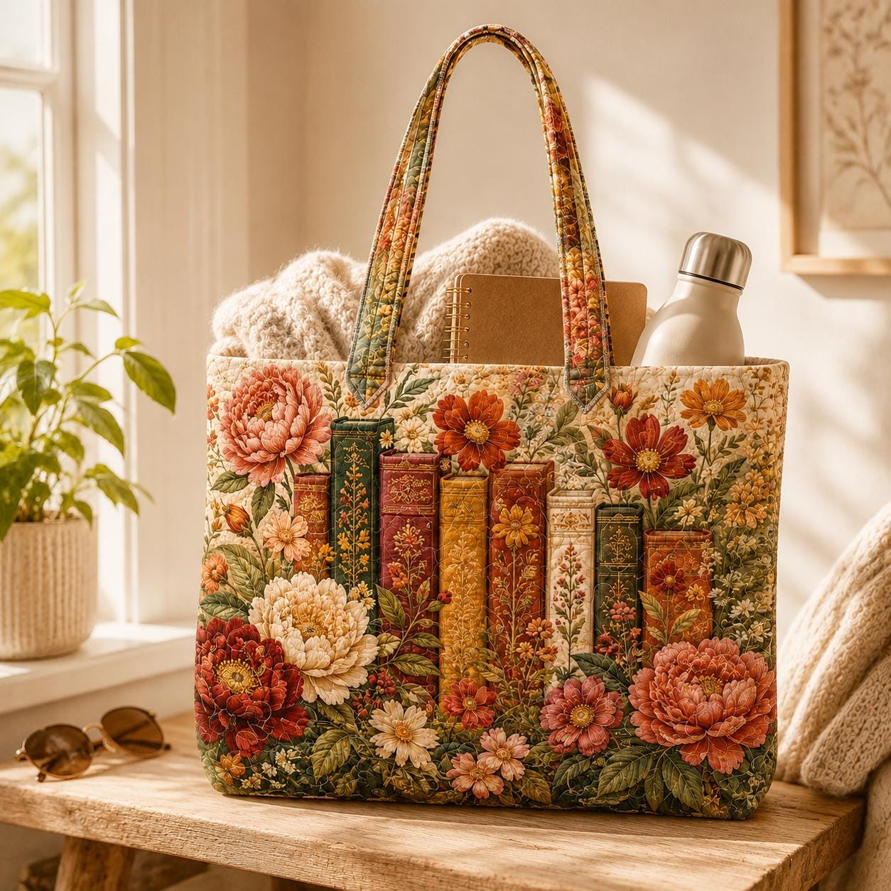 Goat Quilted Tote Bag with Floral Farm Animal Shoulder Bag and Patchwork Country Tote, Goat Lover Gift, Farmhouse Bag for Her