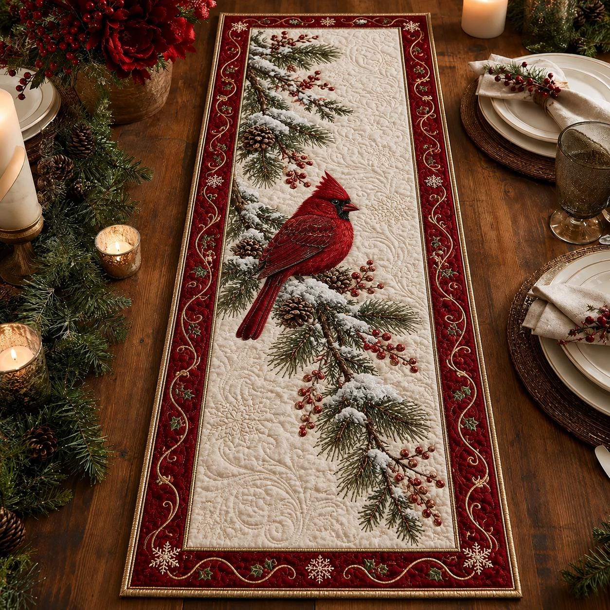 Christmas Cardinal Table Runner with Red Bird Holiday Decor and Winter Pine Berry for Xmas Dining