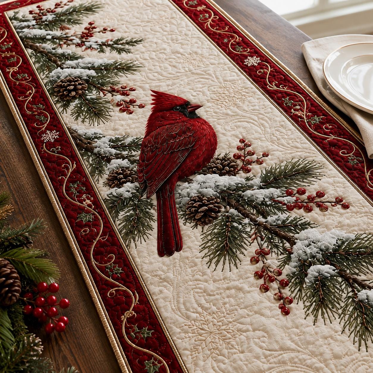 Christmas Cardinal Table Runner with Red Bird Holiday Decor and Winter Pine Berry for Xmas Dining - photo 2