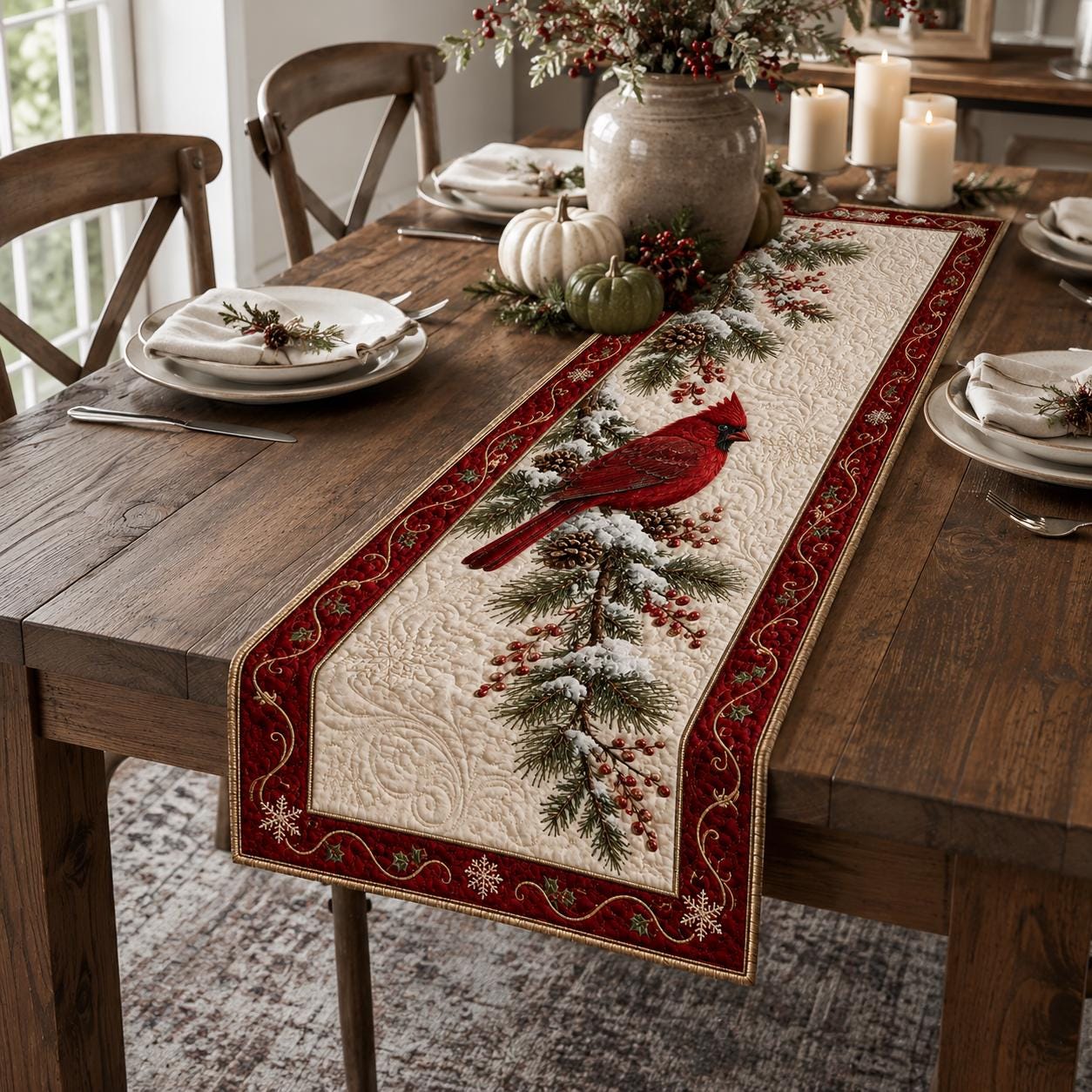Christmas Cardinal Table Runner with Red Bird Holiday Decor and Winter Pine Berry for Xmas Dining - photo 3