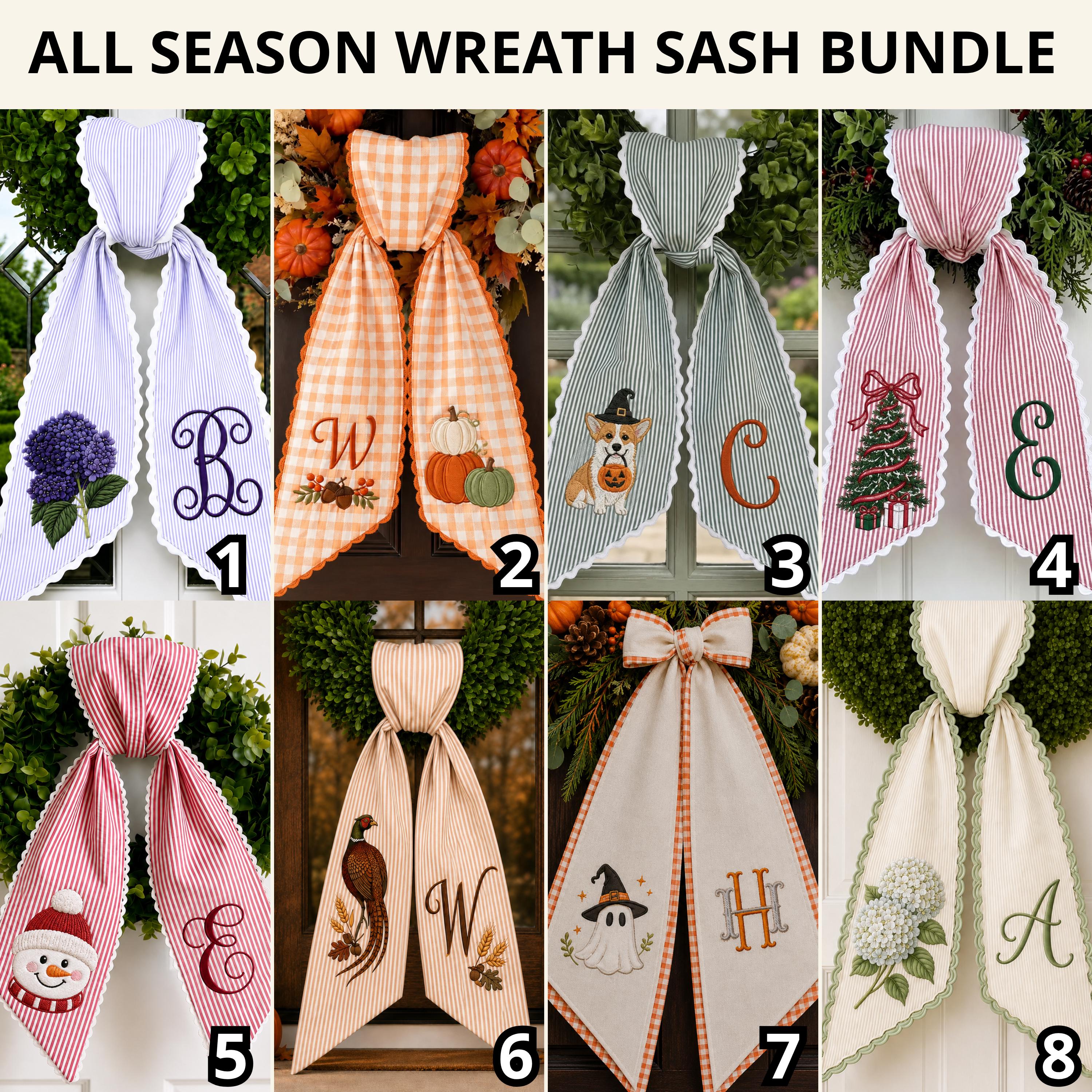 All Season Wreath Sash with Monogram Door Wreath Sash, Embroidered Seasonal Bow, Personalized Holiday Decor, and Housewarming Gift