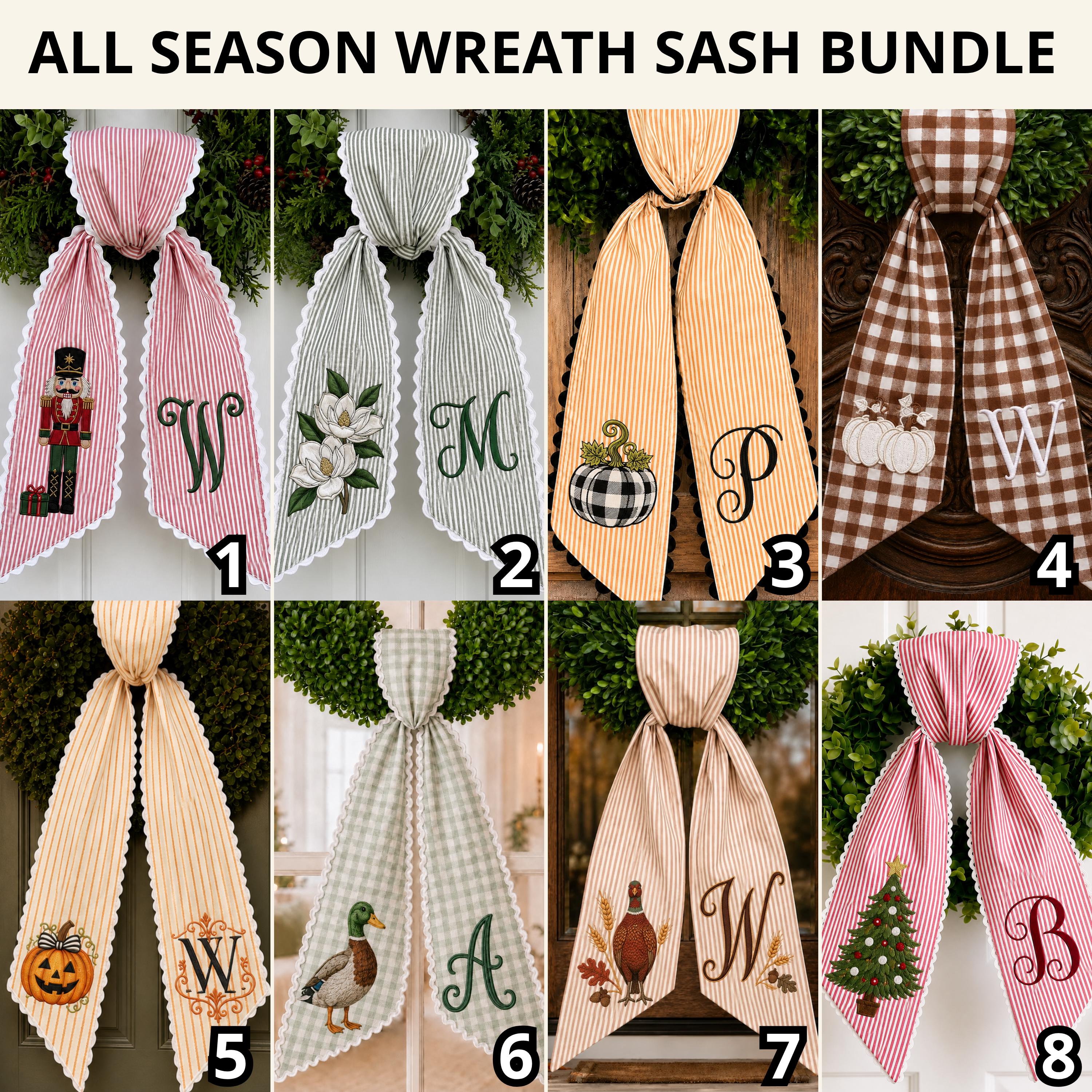 All Season Wreath Sash Bundle with Custom Initial Embroidery for Fall, Christmas, and Halloween Door Decor