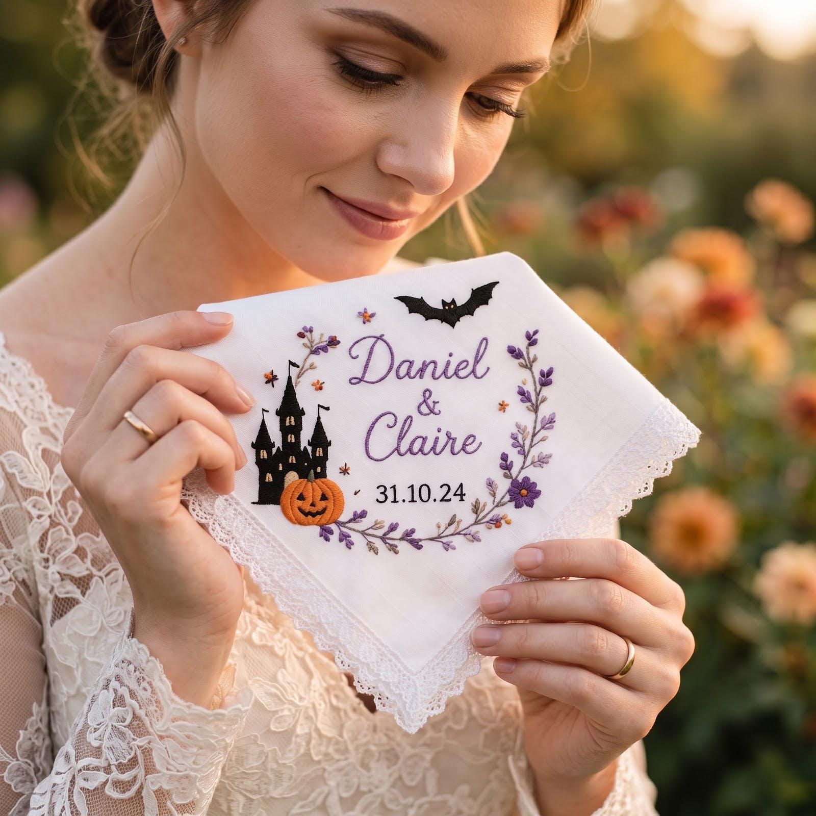 Handkerchief – Personalized Halloween Wedding Hanky with Custom Names Date Haunted Castle Pumpkin Bride Groom Gift and Embroidered Keepsake