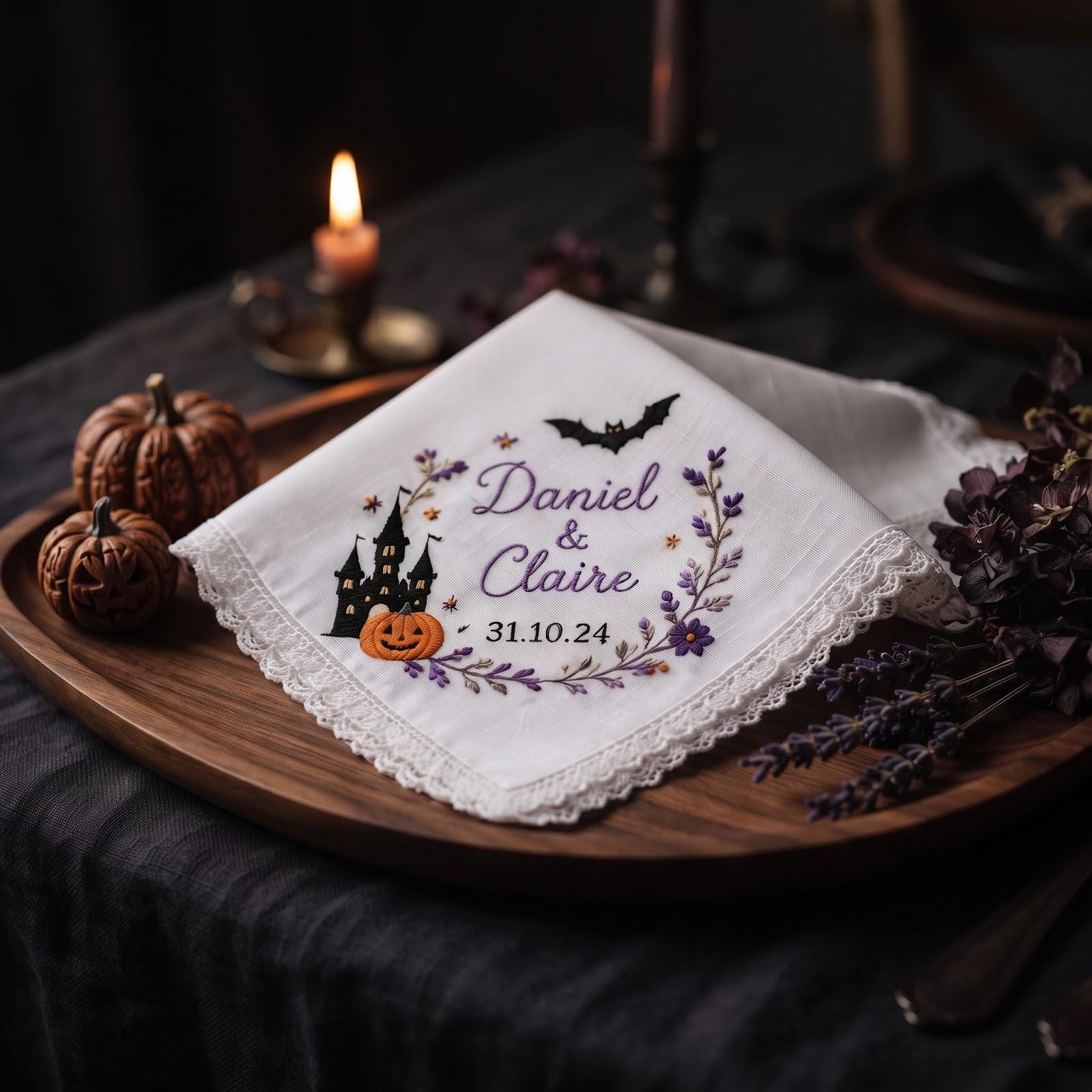 Handkerchief – Personalized Halloween Wedding Hanky with Custom Names Date Haunted Castle Pumpkin Bride Groom Gift and Embroidered Keepsake - photo 2
