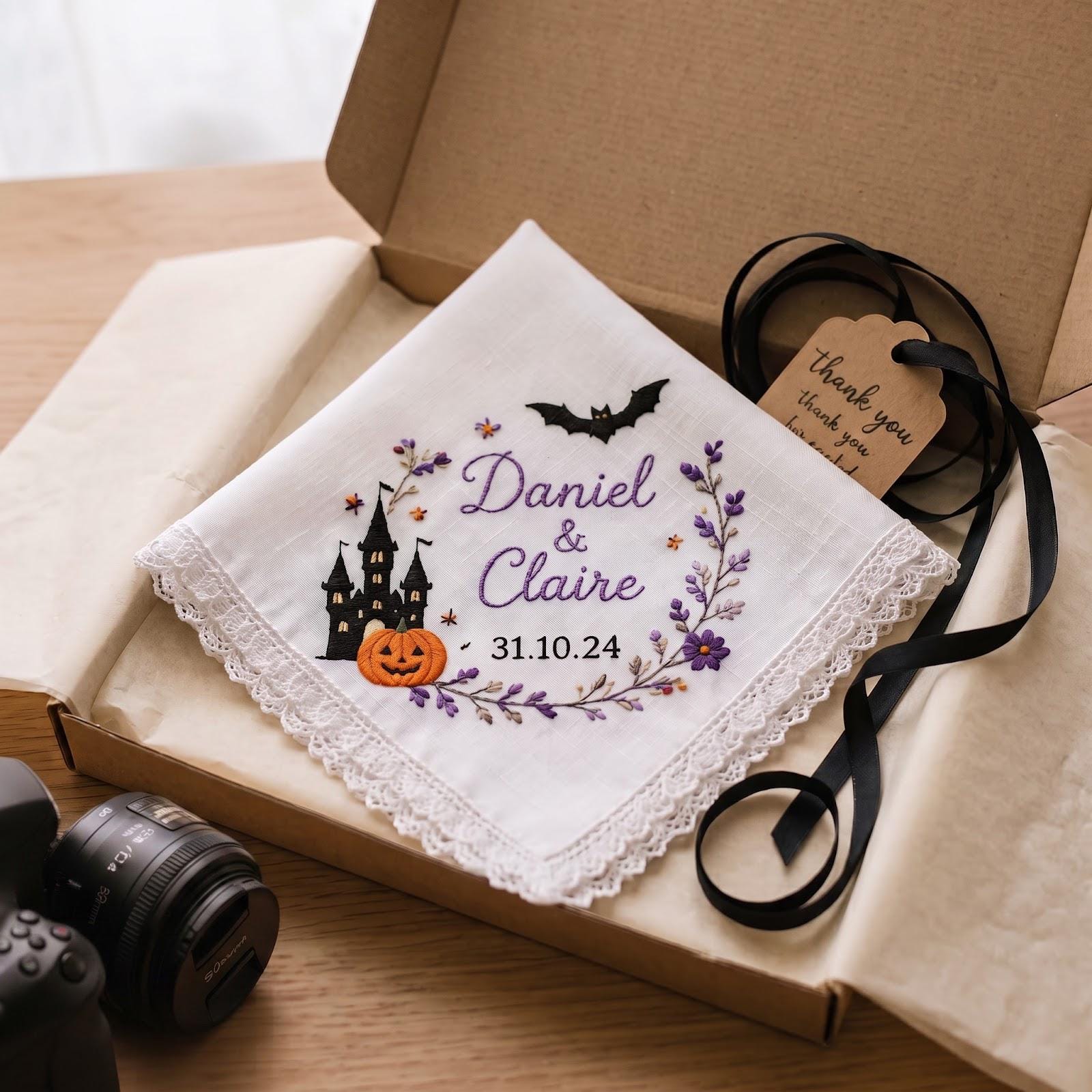 Handkerchief – Personalized Halloween Wedding Hanky with Custom Names Date Haunted Castle Pumpkin Bride Groom Gift and Embroidered Keepsake - photo 6