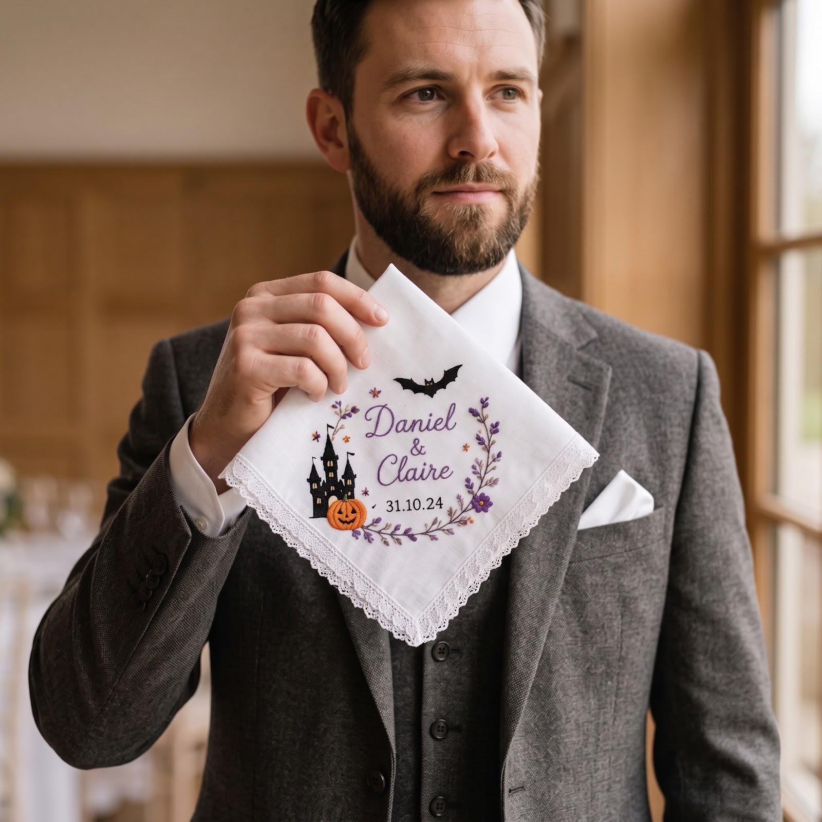 Handkerchief – Personalized Halloween Wedding Hanky with Custom Names Date Haunted Castle Pumpkin Bride Groom Gift and Embroidered Keepsake - photo 7