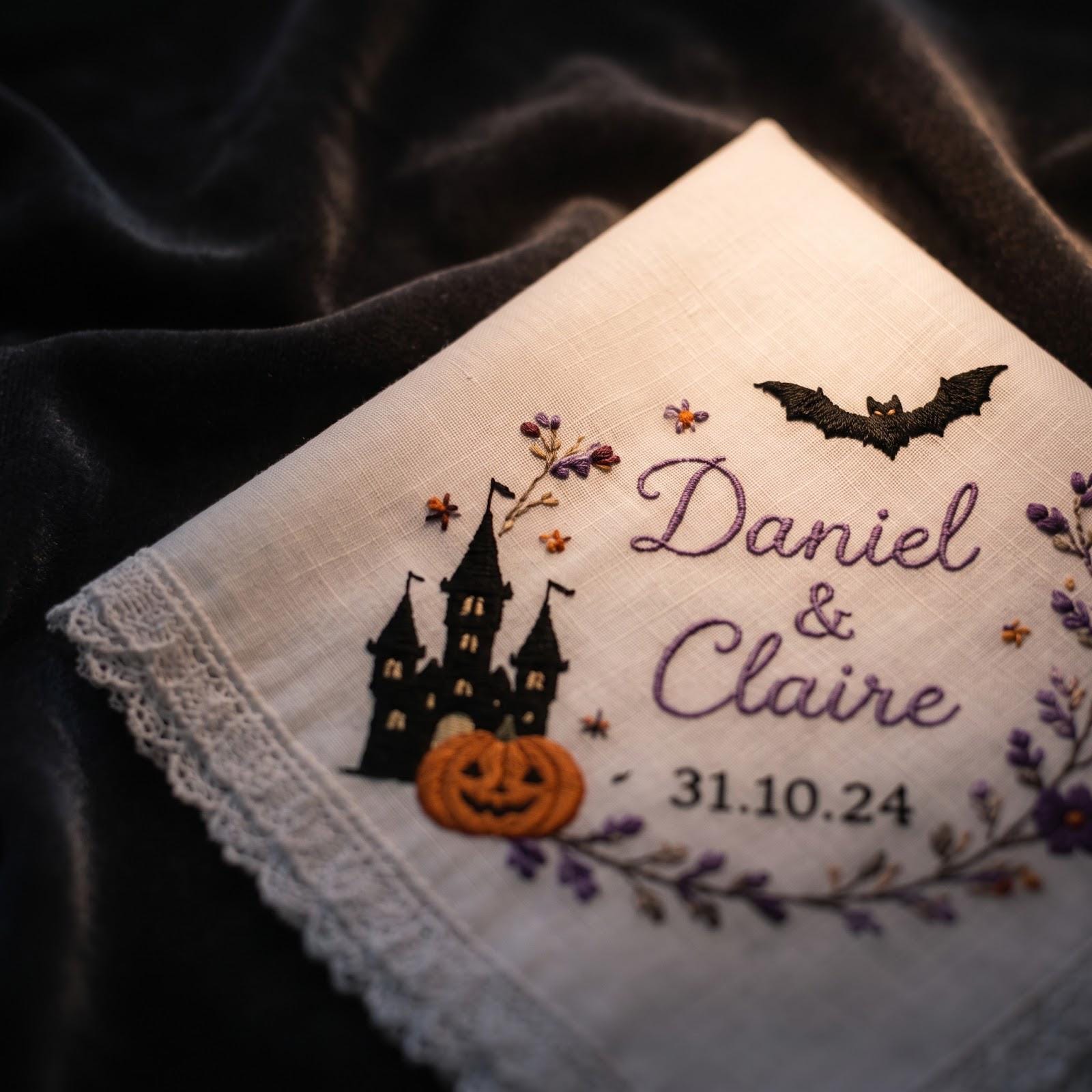 Handkerchief – Personalized Halloween Wedding Hanky with Custom Names Date Haunted Castle Pumpkin Bride Groom Gift and Embroidered Keepsake - photo 8