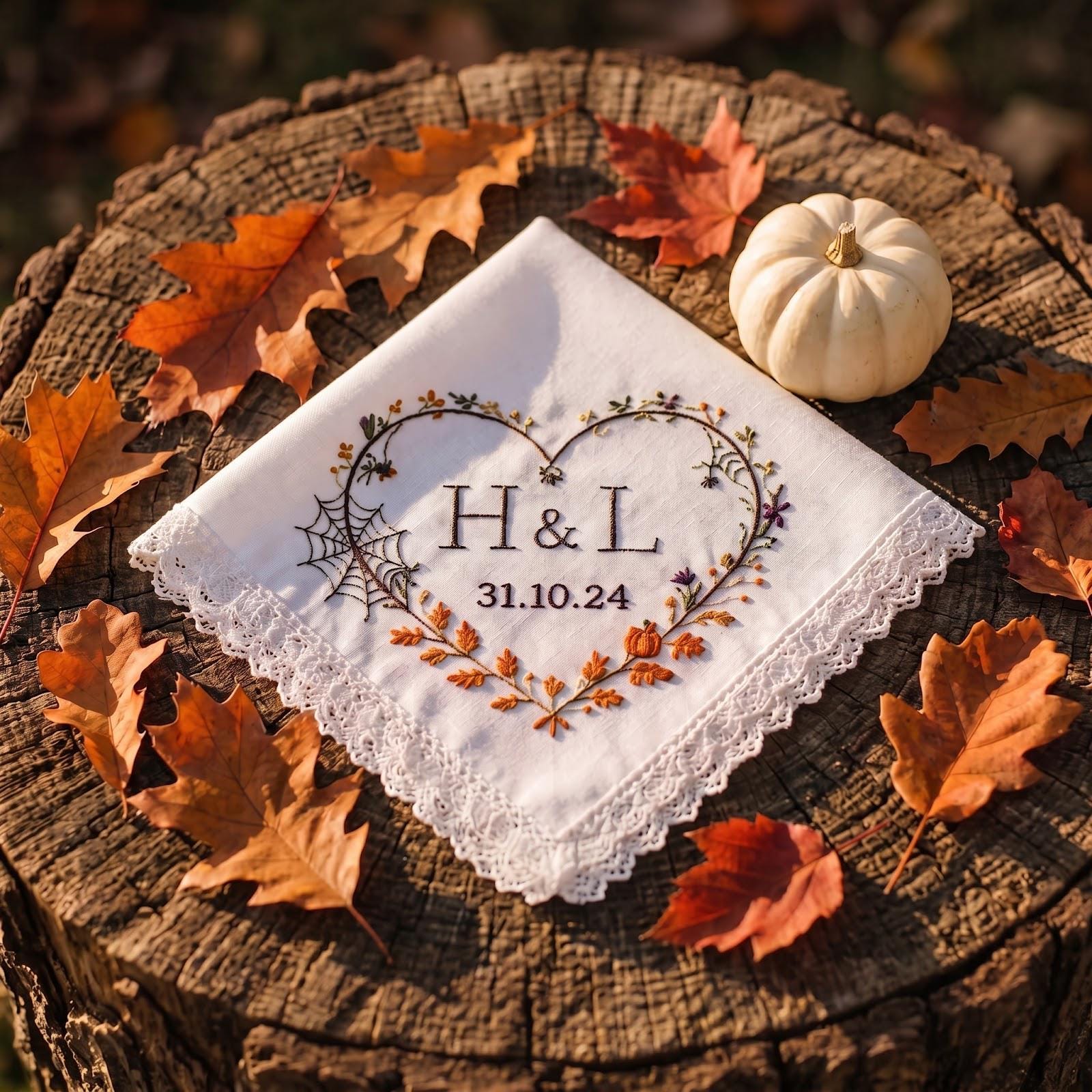 Handkerchief – Personalized Fall Wedding Hanky with Custom Initials Date Halloween Pumpkin Wreath Bride Groom Gift and Embroidered Keepsake